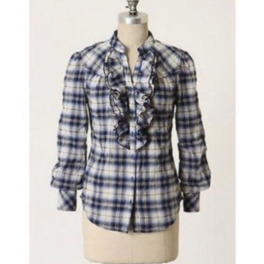 Fei Anthro Plaid Ruffle Career Casual Office Button Down Shirt Top Blouse 4